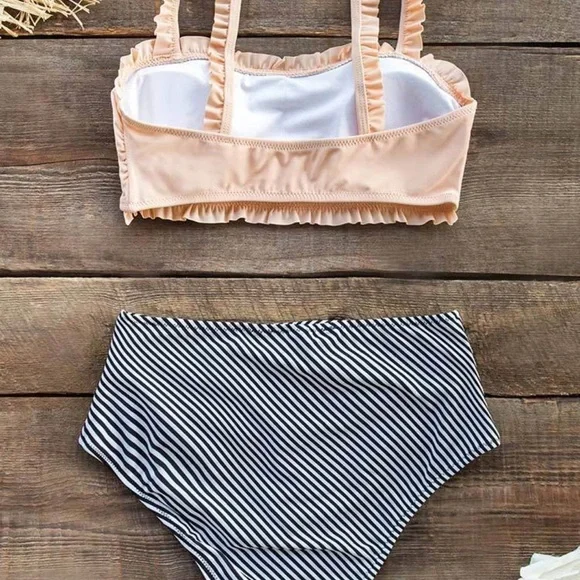 CUPSHE Ruffle Bandeau Bikini With High Waisted Bottom NWT SM Peach Black White - Picture 6 of 17